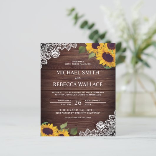 Stall Wood Lace Sonnenblumen Budget Einladung Hoch (Stehend Vorderseite)
