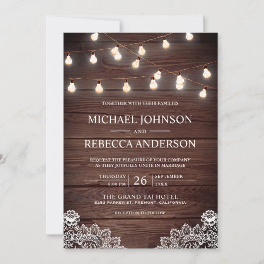 Stall Wood Lace String Lights Foto QR Code Wedding Einladung (Vorderseite)