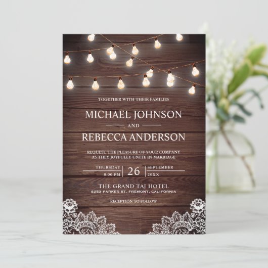 Stall Wood Lace String Lights Foto QR Code Wedding Einladung (Stehend Vorderseite)