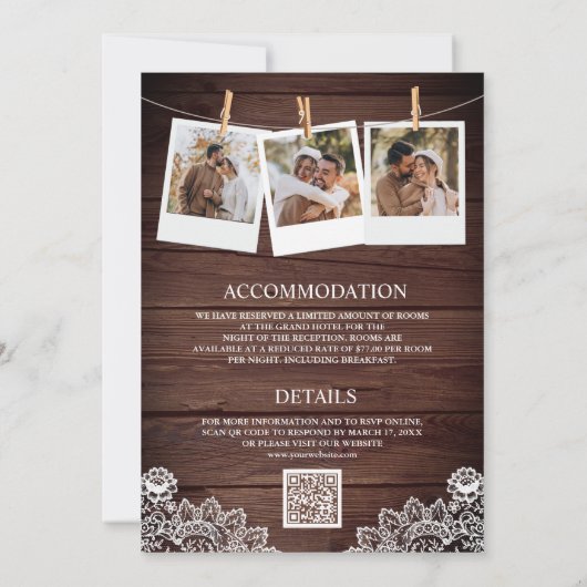 Stall Wood Lace String Lights Foto QR Code Wedding Einladung (Rückseite)