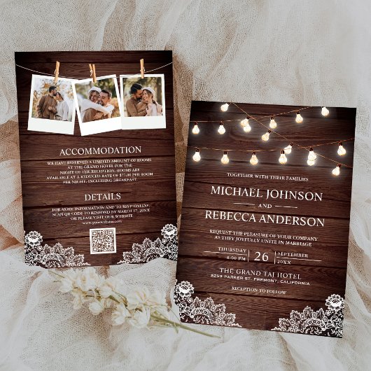 Stall Wood Lace String Lights Foto QR Code Wedding Einladung