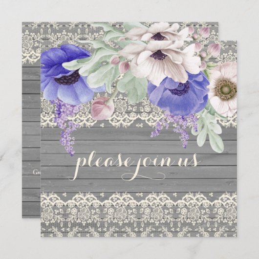 Stall Wood Lace Watercolor Blue White Anemones Einladung (Vorne/Hinten)