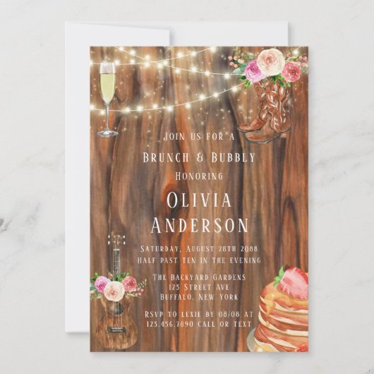 Stall Wood Lights Boots Pancakes Brunch & Bubbly Einladung (Vorderseite)