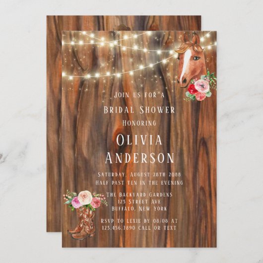 Stall Wood Lights Boots Pferd Brautparty Einladung (Vorne/Hinten)