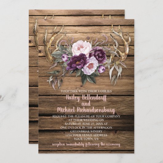 Stall Wood Lila Plum Peonies Antlers Wedding Einladung (Vorne/Hinten)