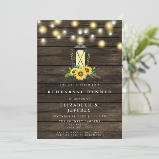 Stall Wood String Light Sonnenblumen Probe Abendes Einladung (Stehend Vorderseite)