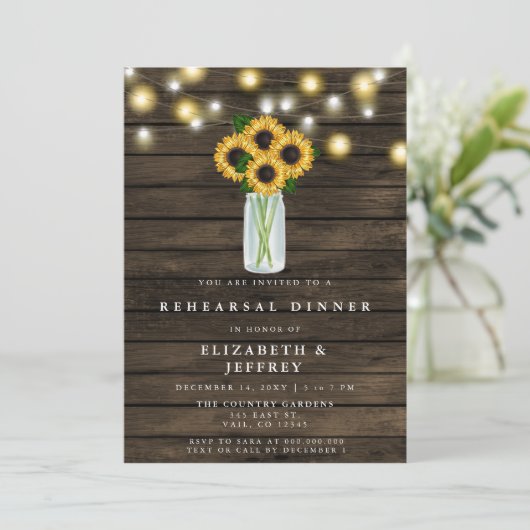 Stall Wood String Light Sonnenblumen Probe Abendes Einladung (Stehend Vorderseite)