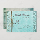 Stall Wood Vintag Paper Aquamarin Wedding RSVP Car (Vorne/Hinten)