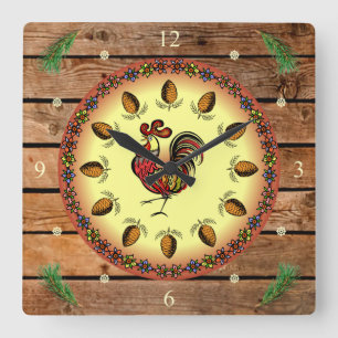 Stall-Zeichen ~ Hex-Zeichen ~ Rooster ~ Pine Conce Quadratische Wanduhr