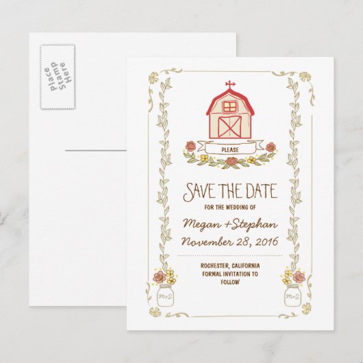 Stallhochzeit rustikale Save the Date Postkarten (Vorne/Hinten)