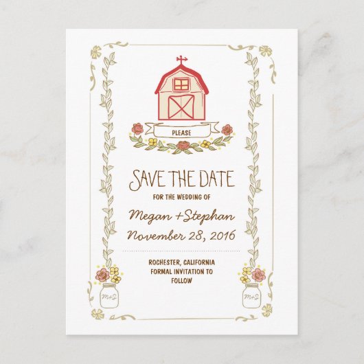 Stallhochzeit rustikale Save the Date Postkarten (Vorderseite)