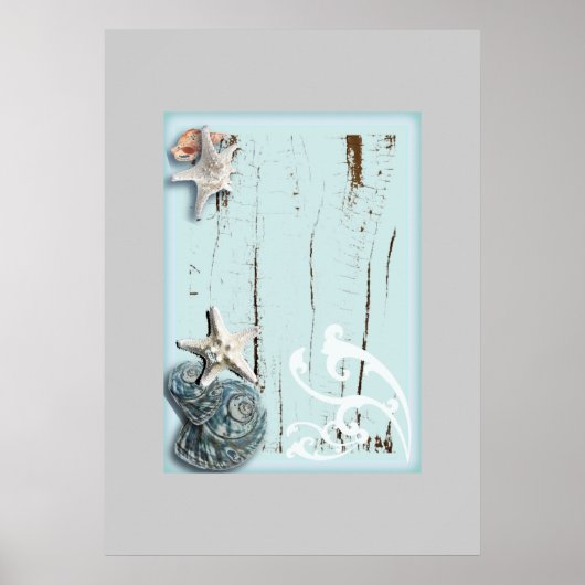 Stallholz Aqua-Seesterne-Muscheln Poster (Vorne)