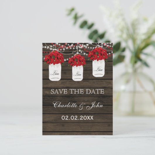 Stallholz Poinsettia Mason Jar Save the Date Ankündigungspostkarte (Stehend Vorderseite)