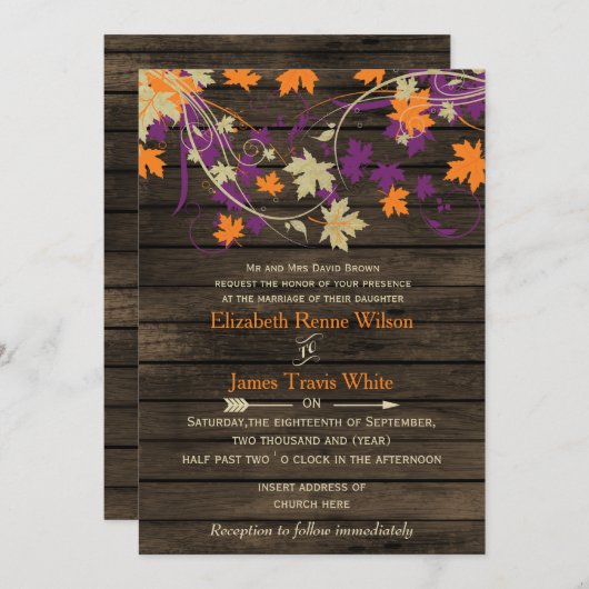 Stallholz Rustic Fall plum Blätter Hochzeit Einladung (Vorne/Hinten)