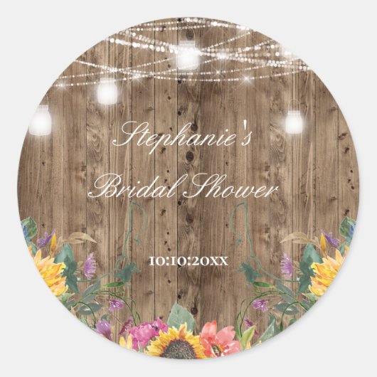 Stallholz und Sonnenblumen Brautparty Runder Aufkleber (Vorderseite)