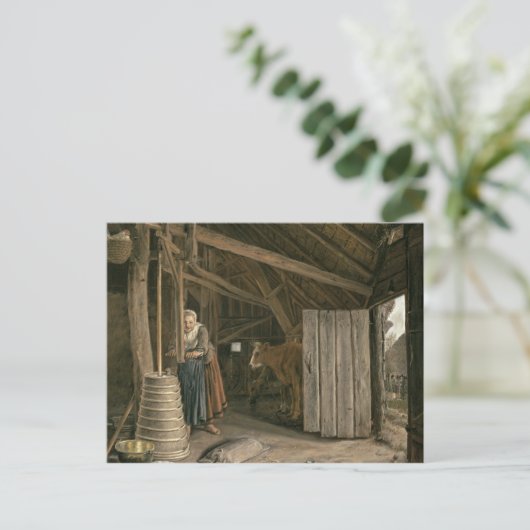 Stallinnere mit einer Magd-Kürbisbutter Postkarte (Stehend Vorderseite)