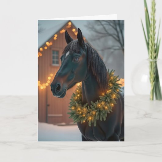 Stallion mit Weihnachtskranz Feiertagskarte (Vorderseite)