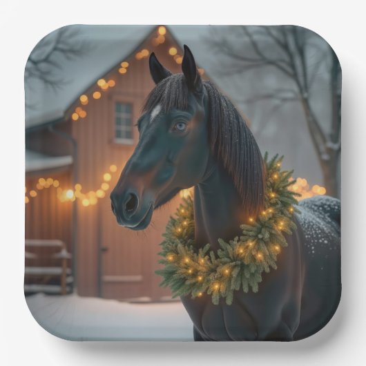 Stallion mit Weihnachtskranz Pappteller (Vorderseite)