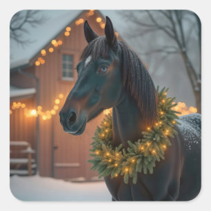 Stallion mit Weihnachtskranz Quadratischer Aufkleber