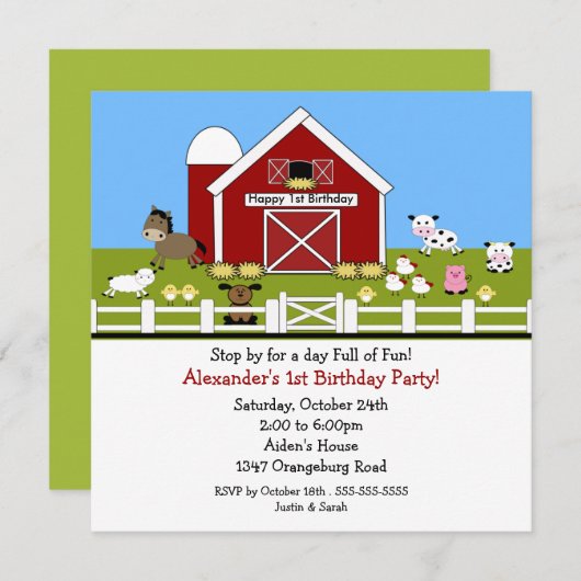 Stalltiere Spaß am 1. Geburtstag Einladung (Vorne/Hinten)
