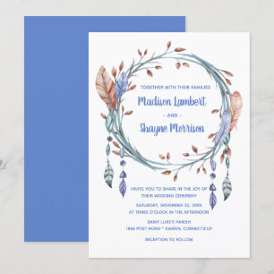 Stamm Native American Blue Feathers Boho Wedding Einladung