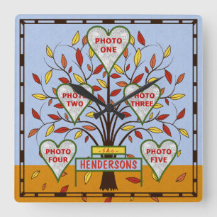 Stammbaum Custom 5 Foto Collage Herbst Blätter Quadratische Wanduhr