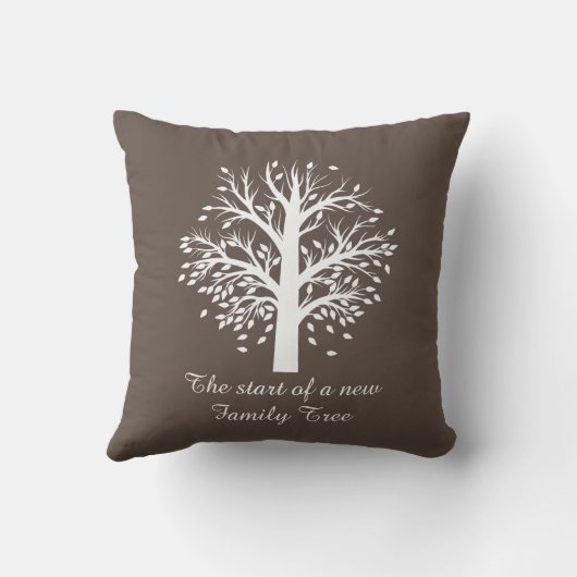 Stammbaum, weißer Baum auf Taupe, 8 Namen u. Daten Kissen (Rückseite)