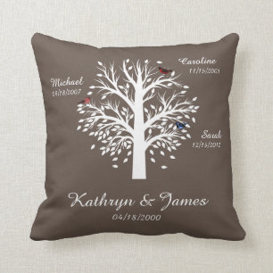 Stammbaum, weißer Baum auf Taupe mit Namen u. Kissen