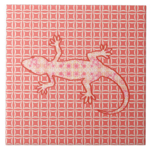 Stammes-Batik Gecko - korallenrosa und creme Fliese