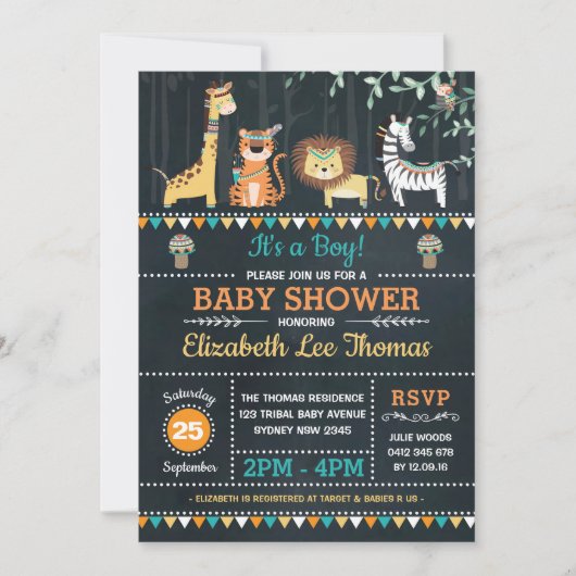 Stammes- Dschungel-Safari-TierBabyparty-Tafel Einladung (Vorderseite)