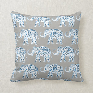 Stammes-Elefant blaues Mandala auf Grau Kissen