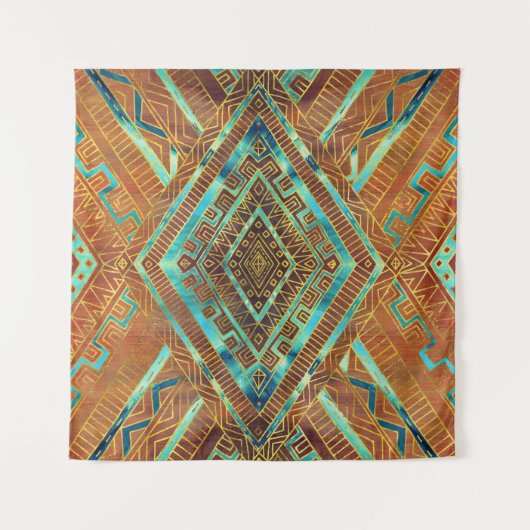 Stammes- ethnisches Boho Muster brannte Orange und Wandteppich (Vorderseite (Horizontal))