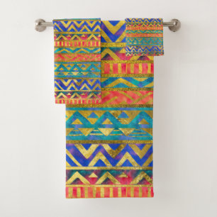 Stammes- geometrisches Aquarell-und Goldmuster Badhandtuch Set