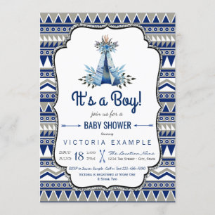 Stammes-Teepee Blau Grau Jungen Boho-Baby-Party Einladung