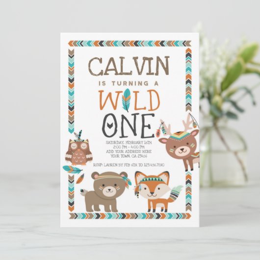 Stammes- Waldland, wildes, 1. Geburtstag Einladung (Stehend Vorderseite)