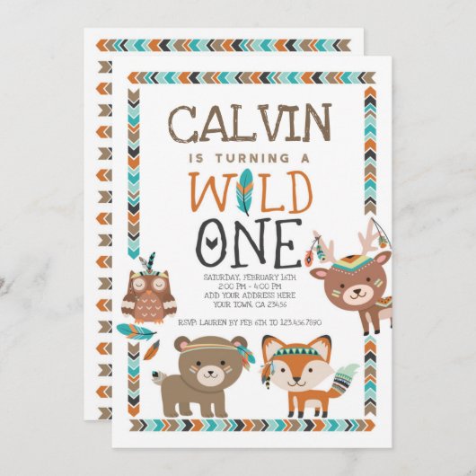 Stammes- Waldland, wildes, 1. Geburtstag Einladung (Vorne/Hinten)