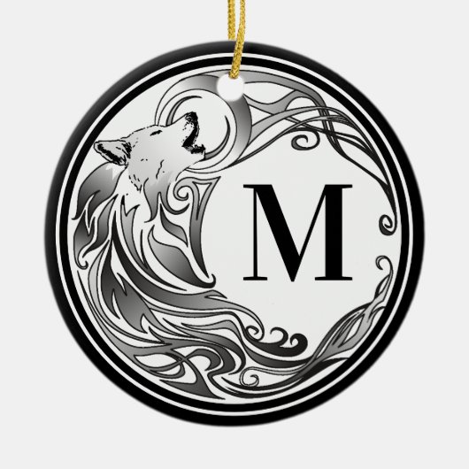 Stammes- Wolf - schattiertes Monogramm Keramik Ornament (Vorne)