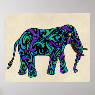 Stammestattoo-Elefant in Lila Blau und Grün Poster