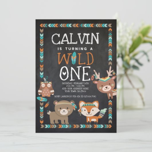 Stammeswald, Wild One, 1. Geburtstag Einladung (Stehend Vorderseite)