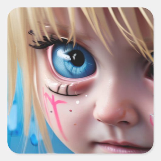 Stammkids | Blonde Girl Big Blue Eyes Quadratischer Aufkleber (Vorderseite)