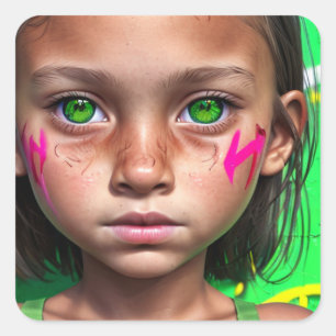 Stammkids   Futuristische Stoic Girl Green Eyes Quadratischer Aufkleber