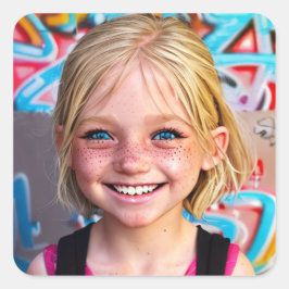 Stammkids | Happy Little Blonde mit Freckles Quadratischer Aufkleber