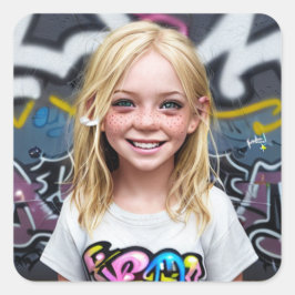 Stammkids | Lächeln Kleine Blondine mit Freckles Quadratischer Aufkleber