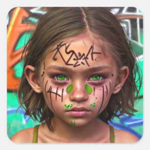 Stammkids   Urban Futuristic Girl Green Eyes Quadratischer Aufkleber