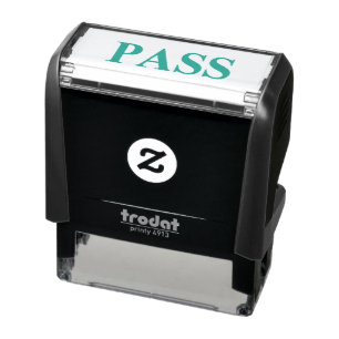 STAMP. GRÜNER TEXT, SCHWARZE RÜCKSICHT. "PASS" PERMASTEMPEL
