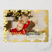 Stamped Floral Frame Photo Folien Feiertagskarte (Vorderseite)