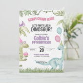 Stampf, Kaum, Brüll Mädchen Dinosaurier Geburtstag Einladung (Stehend Vorderseite)