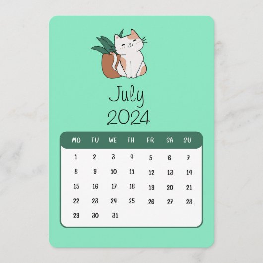 Stand Juli 2024 Alleinkatze und Pflanze Kalender Menükarte (Vorderseite)