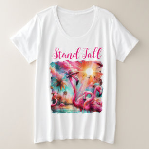 Stand Tal Tropical Pink Flamingos Palm Trees Sun Große Größe T-Shirt