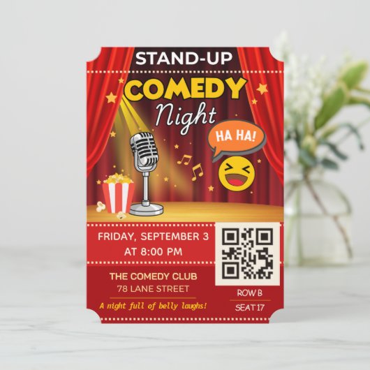 Stand-Up Comedy Night Ticket | QR Code Invite Einladung (Stehend Vorderseite)